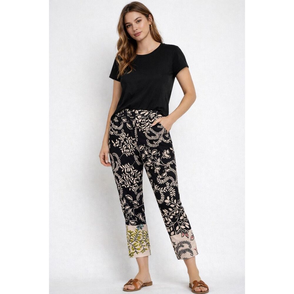 ZARA Printed Ankle Pants Women Size S US 4 Black Floral Cropped Slim Casual Chic